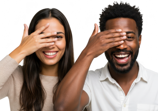 A joyful couple, a man and a woman, playfully covering their eyes with their hands and smiling, isolated on white isolated on transparent background