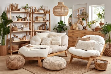 Light-filled, airy living room with a comfy, natural aesthetic.  Wooden shelving, woven baskets, and a plush, beige sectional sofa highlight the space