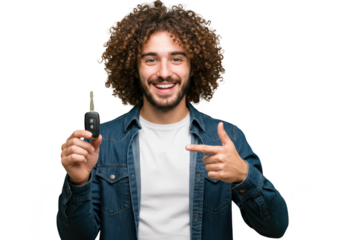 A happy man with curly hair holds a car key and points to it, isolated on a transparent background