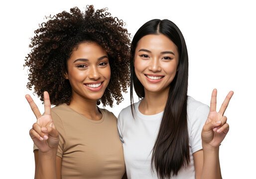 Two diverse young women, one with curly hair and one with straight hair, smile and flash peace signs isolated on a transparent background - Powered by Adobe