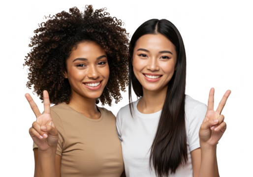 Two diverse young women, one with curly hair and one with straight hair, smile and flash peace signs isolated on a transparent background