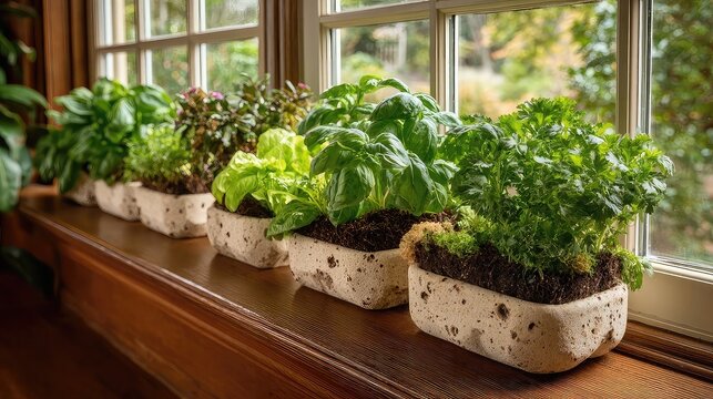 Fototapeta DIY window garden kits with planters, soil pellets, seeds, and mounting hardware designed for indoor herb or flower gardens near windows
