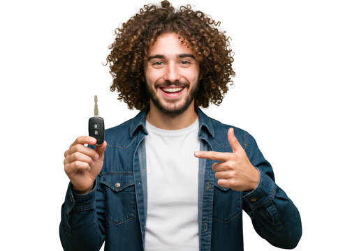 A happy man with curly hair holds a car key and points to it, isolated on a transparent background - Powered by Adobe