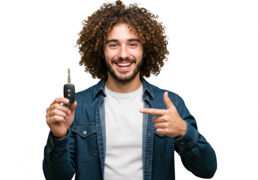 A happy man with curly hair holds a car key and points to it, isolated on a transparent background
