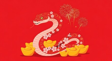 Decorative Red Snake Surrounded by Gold Ingots and Fireworks on Festive Background.