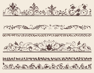 Border line, divider vector set, decorative floral ornamental elements design, swirl patterns vintage set graphic illustrations, embellishment isolated art collection