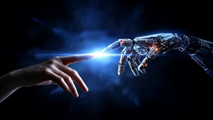 Human hand reaching toward ai robot symbolizing connection between robotic intelligence and people with future robot assistant support - Powered by Adobe