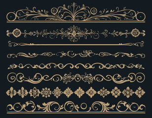 Fototapeta premium Border line, divider vector set, decorative floral ornamental elements design, swirl patterns vintage set graphic illustrations, embellishment isolated art collection