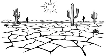 Cracked Desert Ground with Cactus and Sun in Black and White Line Art
