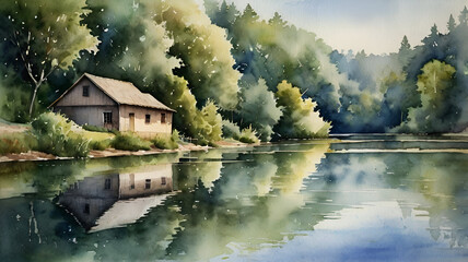 Fototapeta premium A peaceful countryside watercolor scene with a narrow river winding beside a small wooden house, surrounded by lush green trees