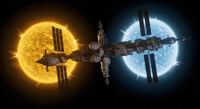 Futuristic space station orbiting a gas giant with glowing energy rings and docking spaceships

