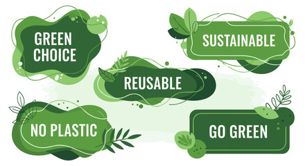 An illustrative graphic showing various green labels and phrases promoting environmental sustainability, including concepts like reusable, no plastic, and green choices.
