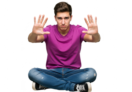 A young man sits in a lotus position with his hands raised in a stop gesture, looking serious isolated on transparent background