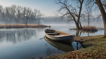 Obraz premium A foggy morning landscape with a wooden boat tied to a post by the river, surrounded by leafless trees
