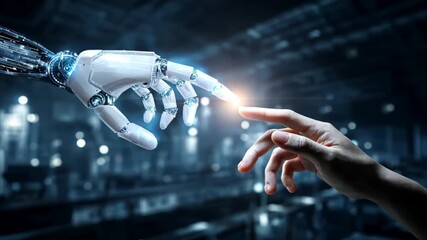 Robotic ai hand extending to touch a human arm, symbol of robotic intelligence growing alongside human life and robot assistant technology - Powered by Adobe