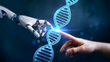 Ai robot hand and human finger meet over a dna helix, showing blend of robotic intelligence, robot assistant tech, and human biology - Powered by Adobe