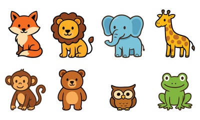 Fototapeta premium set of cartoon animals, A collection of cute and colorful jungle animal icons including a fox, lion, elephant, giraffe, monkey, bear, owl, and frog. Perfect for kids' projects, educational materials, 