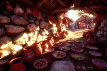 Sun-drenched interior of a rustic, stone-walled hut, displaying earthenware pots and dishes