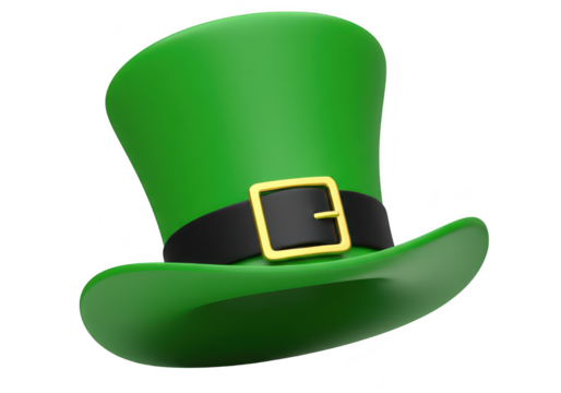 A green leprechaun hat with a black band and gold buckle, isolated on a transparent background