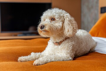A cute white dog resting comfortably on a bed in a cozy setting.