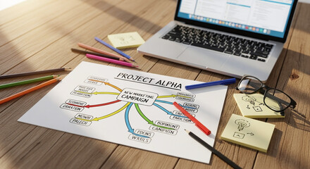 Marketing campaign mind map for project brainstorming on a wooden desk with laptop.