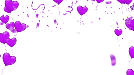 Vivid Purple Heart Shaped Balloons and Matching Confetti Joyfully Falling Frame of Love Romance and Vibrant Celebration Perfect Background for Valentine's Day, Weddings, Anniversaries,