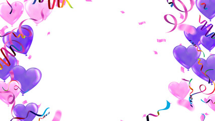 Vivid Purple Heart Shaped Balloons and Matching Confetti Joyfully Falling Frame of Love Romance and Vibrant Celebration Perfect Background for Valentine's Day, Weddings, Anniversaries,
