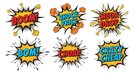 A vibrant collection of comic book style speech bubbles with explosive outlines and bold text, perfect for conveying sales, discounts, and impactful messages.