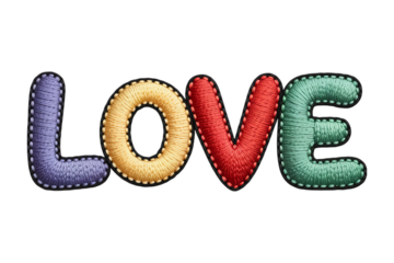 Embroidered colorful letters spelling love purple yellow