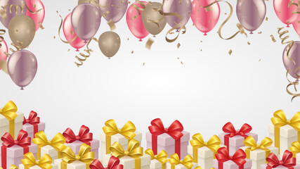 Colorful Gift Boxes with Beautiful Bows Alongside Floating Balloons and Ribbons Joyful Celebration Frame Perfect for Special Occasions Like Birthdays Holidays or Congratulations 