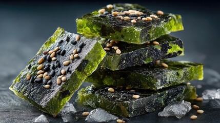 Dried seaweed snacks with sea salt and sesame seasoning for healthy, crunchy treats high in minerals, iodine, and low in calories
