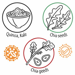 Set of Outline Icons Featuring Superfoods Like Quinoa, Kale, and Chia Seeds for Nutrition App Interfaces.