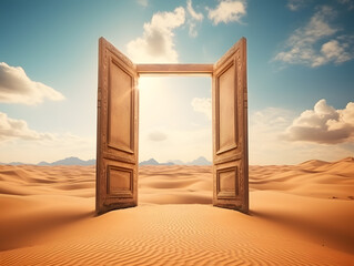 An opened door on desert, radiance of a start up concept cast in sunlit gold tones under noon sunlight.