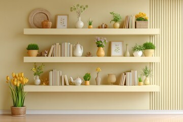 Fototapeta premium Beige shelving unit filled with decor
