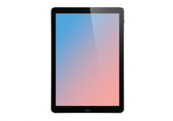 A modern black tablet device with a colorful gradient screen, standing upright and isolated on a clean transparent background