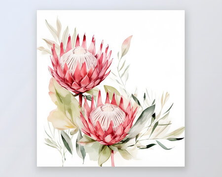 Watercolor invitation design with protea flowers. Botanic watercolor illustration. Template for wedding. Ready to use Card.