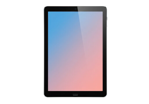 A modern black tablet device with a colorful gradient screen, standing upright and isolated on a clean transparent background
