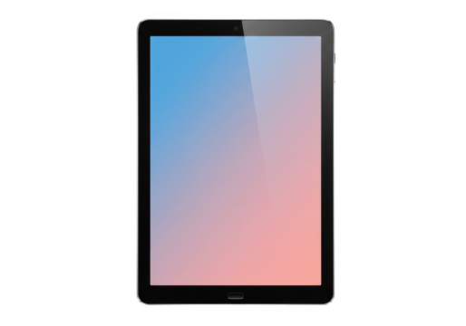 A modern black tablet device with a colorful gradient screen, standing upright and isolated on a clean transparent background
