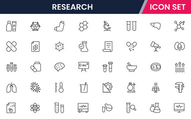 Research vector web line icon collection, sleek illustrations of beakers, microscopes, atoms, experiments for innovative, research-driven designs.