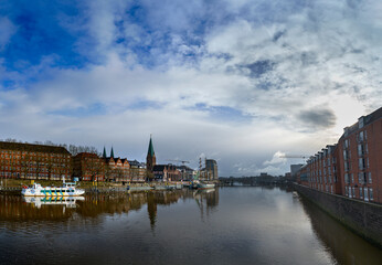 Bremen’s skyline shines after the storm, as seen from the Weser Bridge, Germany