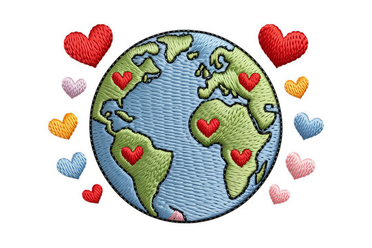 Embroidered Earth with Hearts globe love