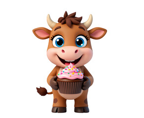 Fototapeta premium Brown Cartoon Cow Holding Cupcake, 3D Realism Illustration with Transparent Background