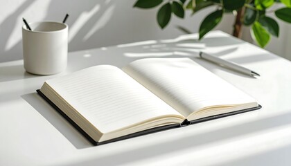 Open notebook on a white surface, sunlight casts shadows