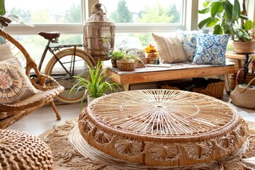 Cozy sunroom with woven round table