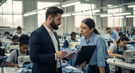 Business executive supervising factory worker in garment manufacturing plant