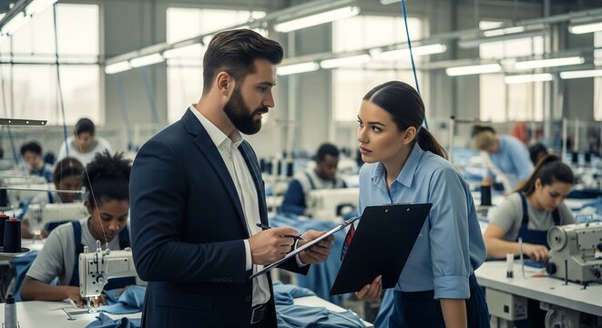 Business executive supervising factory worker in garment manufacturing plant