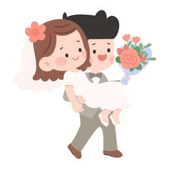 Cartoon Illustration of Groom Carrying Bride