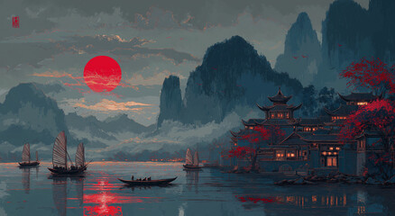 A Chinese-style scene, with a red moon in the sky over mountains and water