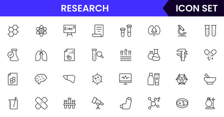 Research vector web line icon collection, sleek illustrations of beakers, microscopes, atoms, experiments for innovative, research-driven designs.
