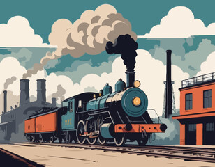 A retro steam locomotive in a smoke clouds moves quickly against the backdrop of industrial buildings, railway workshops and depots. Handmade drawing vector illustration. Art deco style © mjonb 